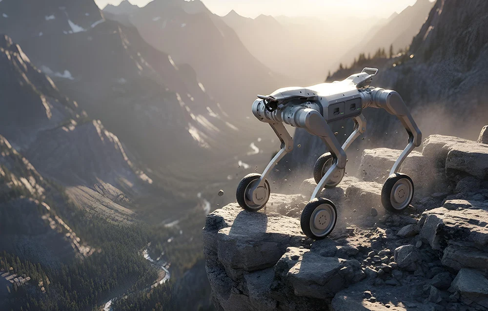 Unitree A2-W Pro z kołami na skalnej krawędzi w górskim krajobrazie – robot do inspekcji i logistyki w trudnym terenie.